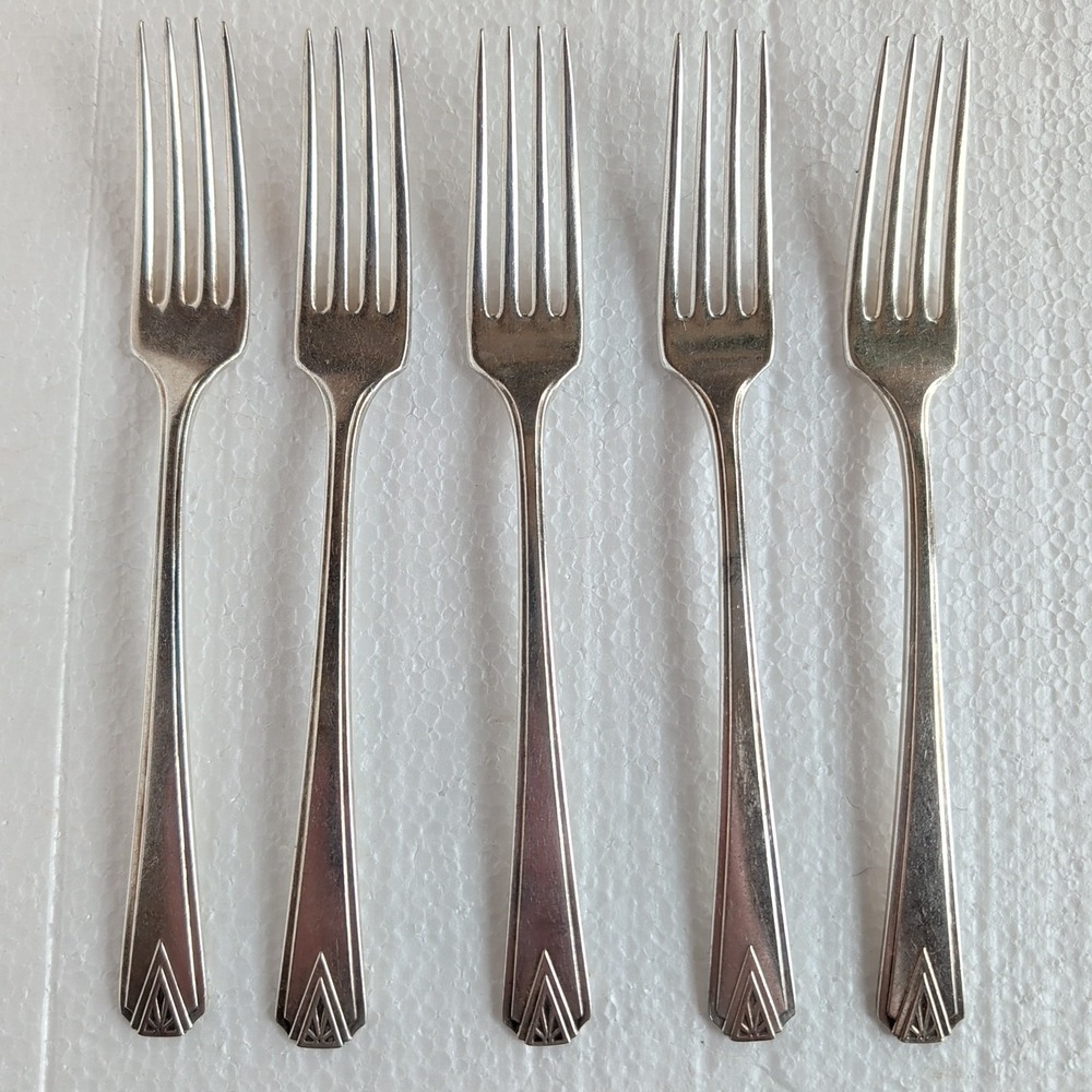 Oneida Community DEAUVILLE Silver Plate 1929 Art Deco Set Of 5 Dinner Forks 7.5"